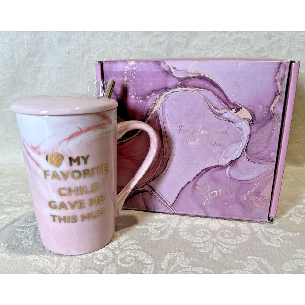 My Favorite Child Gave Me This Mug Pink Marble Gift Set Cup Lid Spoon New In Box